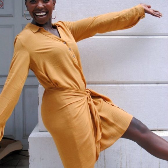 Hem & Thread Dresses & Skirts - Flowy Loose Fit Mustard Yellow Henley Dress with Wrap Tie Waist Front Knot